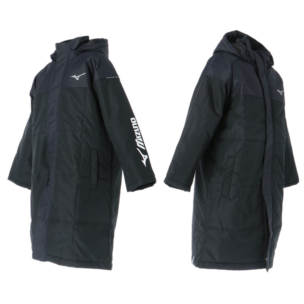 ミズノ 中綿コート ロング ベンチコート ジュニア ブランド Mizuno フード付き フーディ 中綿入り フルジップ はっ水 撥水 防風 黒 保温 32MED950 ブラック 男 女の子 キッズ スポーツウェア トレーニングウェア