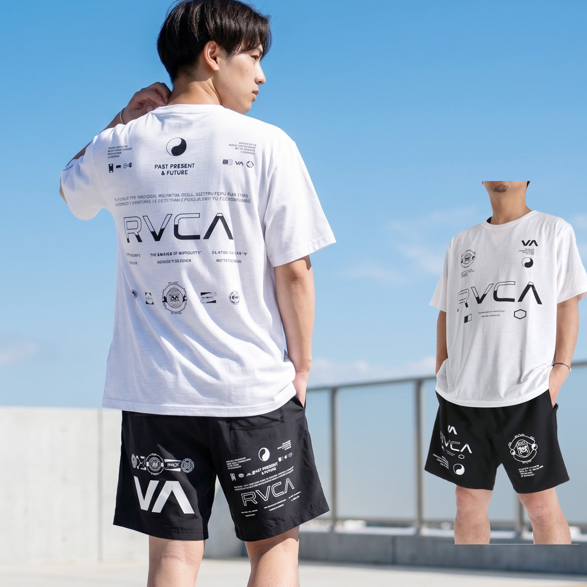ルーカ Tシャツ ハーフパンツ 上下 セットアップ メンズ ブランド RVCA 半袖 速乾 バックプリント付き 黒 白 BG04A222 ブラック ホワイト 上下セット 大きいサイズ 有 プラクティスシャツ プラシャツ