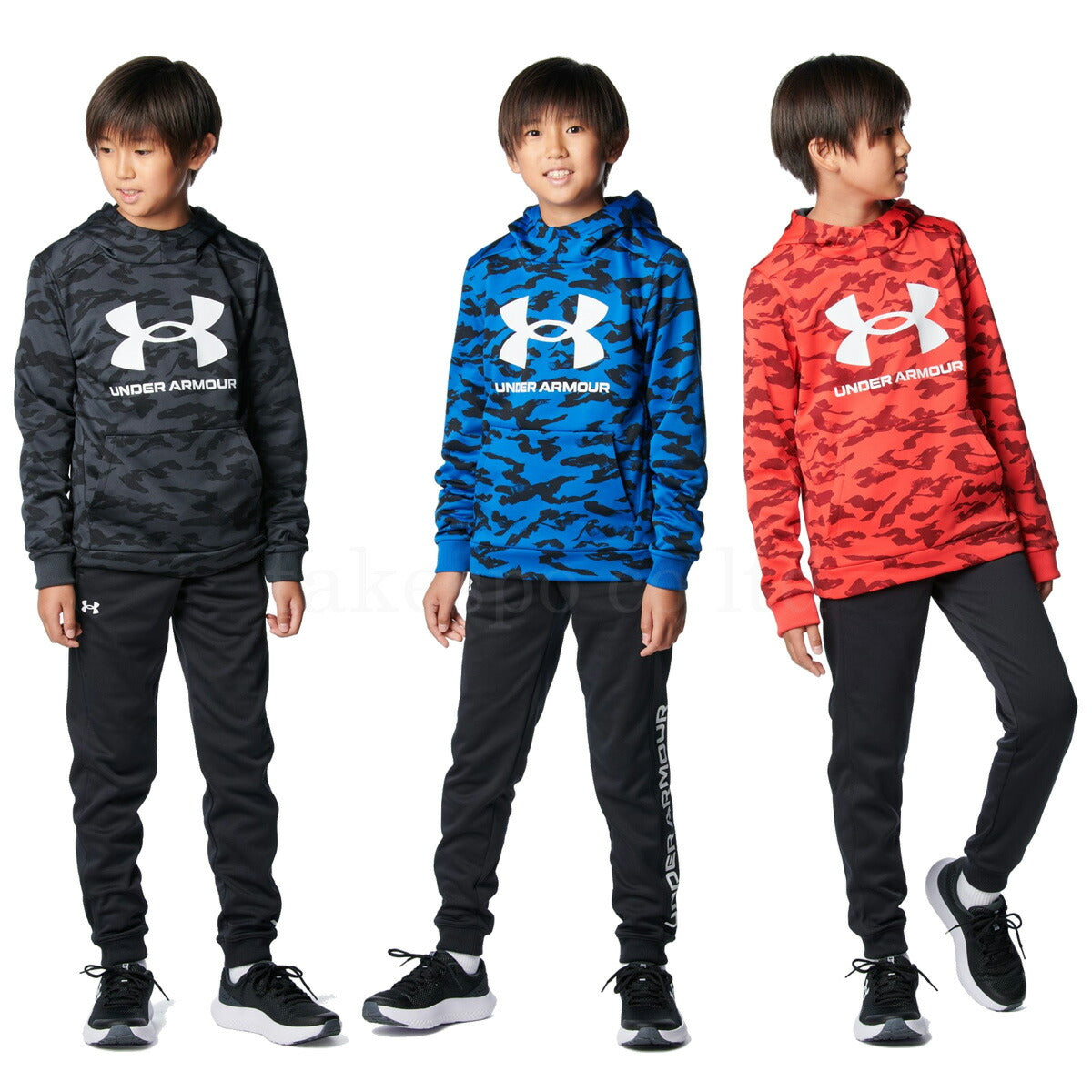 アンダーアーマー スウェット 上下 ジュニア UA ARMOUR FLEECE PRINTED BIG LOGO HOODIE JOGGER PANTS ブラック ブルー レッド 1388280