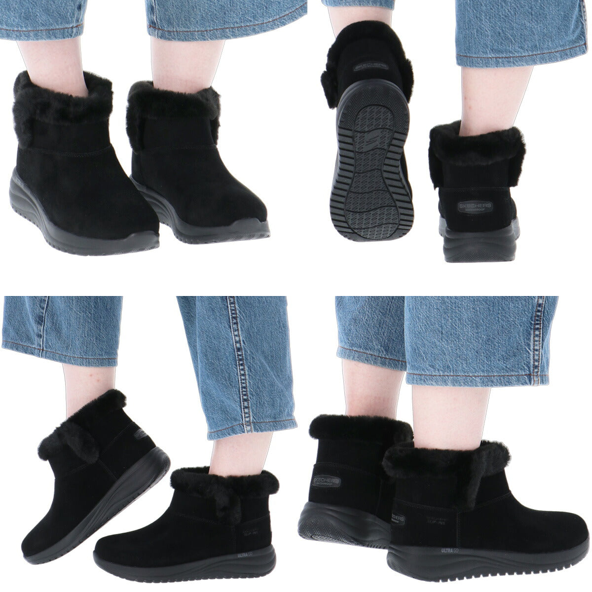 スケッチャーズ スリップインズ シューズ レディース ブランド SKECHERS ショート 防水 防滑 スリッポン ファーブーツ ムートンブーツ 靴 くつ 手を使わず履ける 履きやすい ハンズフリー 黒 レザー 革 皮革 144734