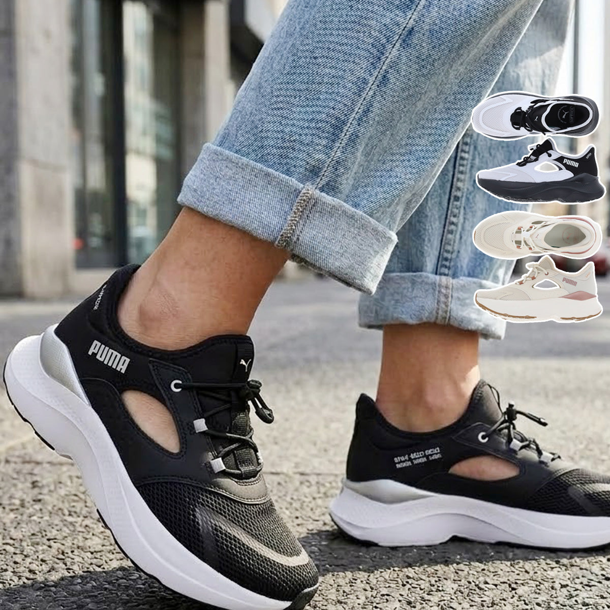 プーマ ソフトライド シューズ レディース ブランド スニーカー PUMA イーズイン 立ったまま履ける 白 黒 313770 ブラック ホワイト ピンク かわいい 大きいサイズ 有 スポーツ おしゃれ