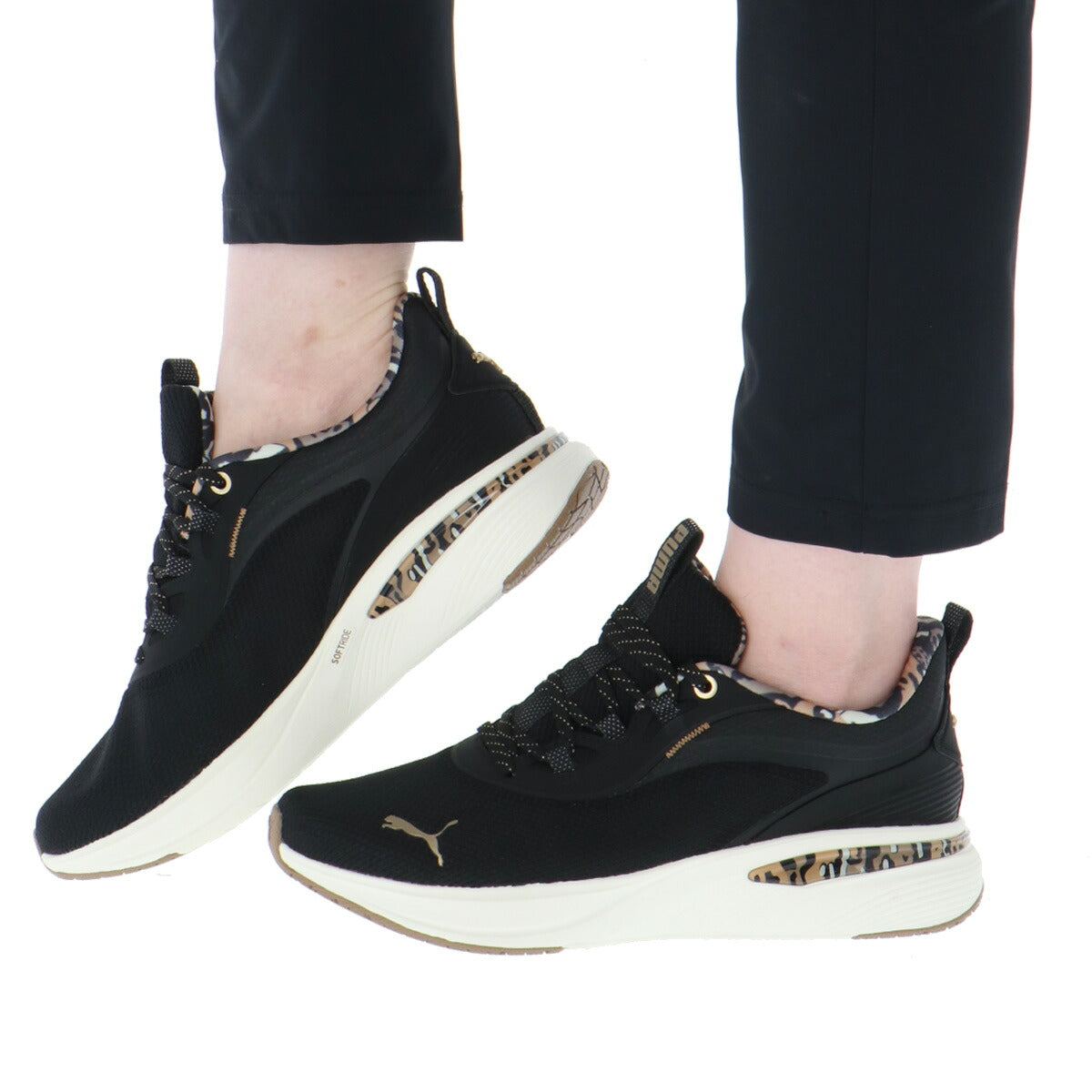 プーマ ソフトライド スリッポン シューズ レディース ブランド スニーカー PUMA アニマル柄 黒 白 ヒョウ レオパード 313963 ブラック ホワイト かわいい 大きいサイズ 有 スポーツ おしゃれ