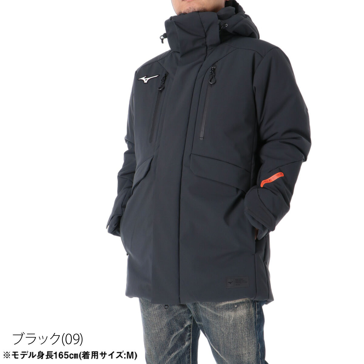 ミズノ 中綿コート ハーフ テックフィル メンズ ブランド Mizuno ブレスサーモ フード付き フーディ 中綿入り フルジップ 黒 はっ水 撥水 保温 吸湿発熱 32MED538 ブラック 大きいサイズ 有 スポーツウェア