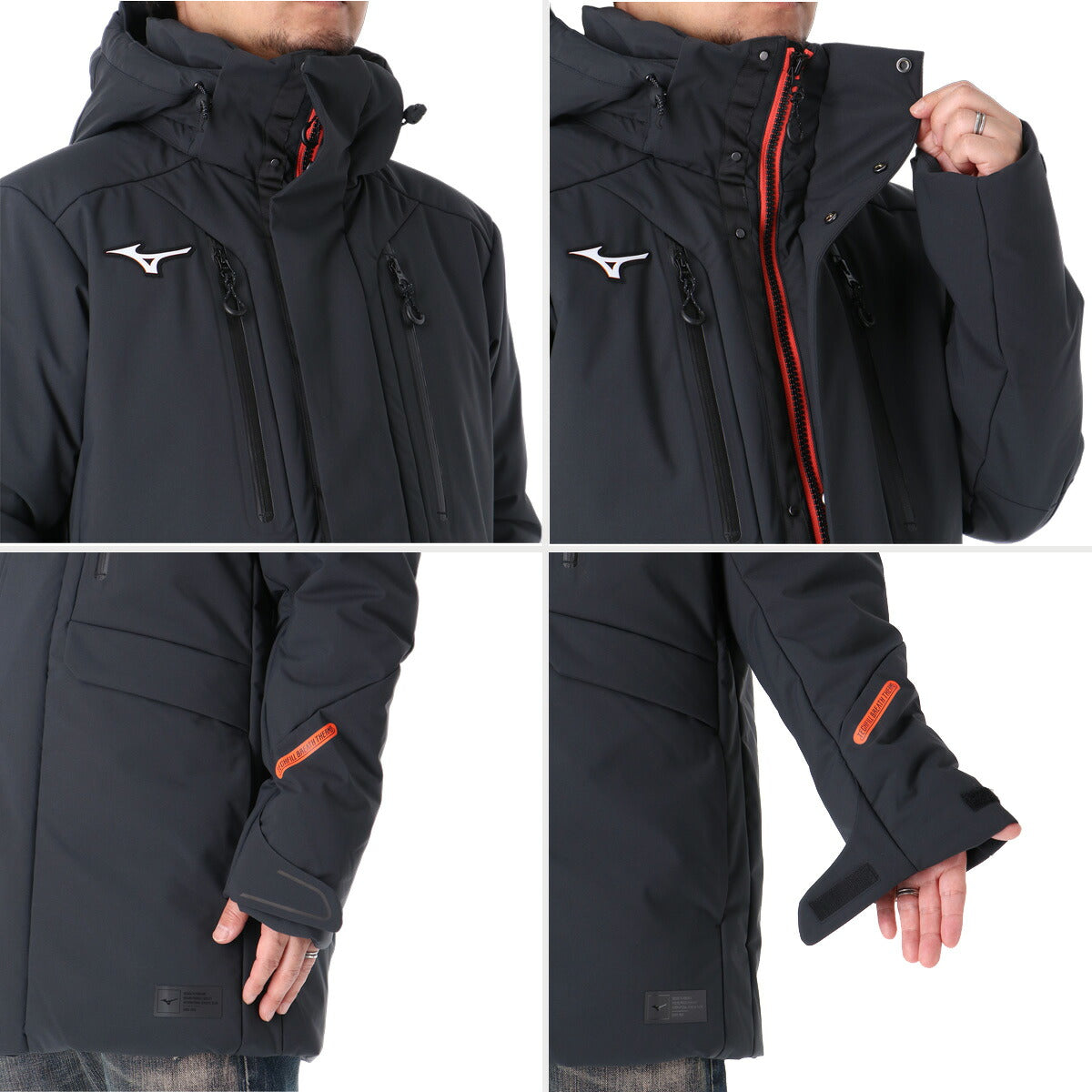 ミズノ 中綿コート ハーフ テックフィル メンズ ブランド Mizuno ブレスサーモ フード付き フーディ 中綿入り フルジップ 黒 はっ水 撥水 保温 吸湿発熱 32MED538 ブラック 大きいサイズ 有 スポーツウェア