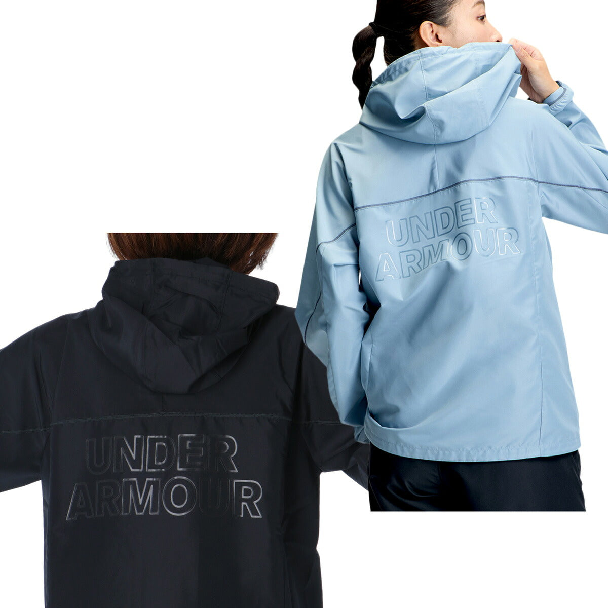 アンダーアーマー ウインドブレーカー 上下 セットアップ レディース ブランド UNDER ARMOUR フード付き フーディ はっ水 撥水 フルジップ 軽量 黒 バックプリント 6016805 ブラック ブルー 上下セット