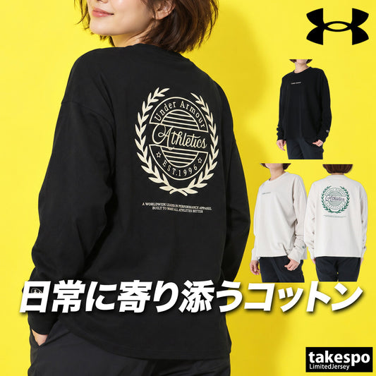 ロンT 長袖Tシャツ レディース ブランド アンダーアーマー スポーツ Tシャツ ロンティー ロングTシャツ 長袖 UNDER ARMOUR バックプリント 綿混 黒 ヘビーウエイト 6017012 ブラック ホワイト かわいい
