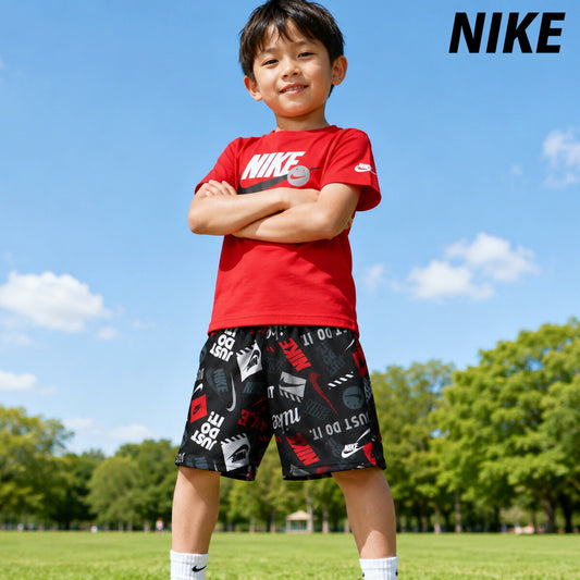 ナイキ NSW Tシャツ ハーフパンツ 上下 セットアップ ジュニア ブランド NIKE 半袖 86N945 023 赤 レッド 新作 上下セット 男 女の子 キッズ 男の子 プラクティスシャツ プラシャツ スポーツウェア