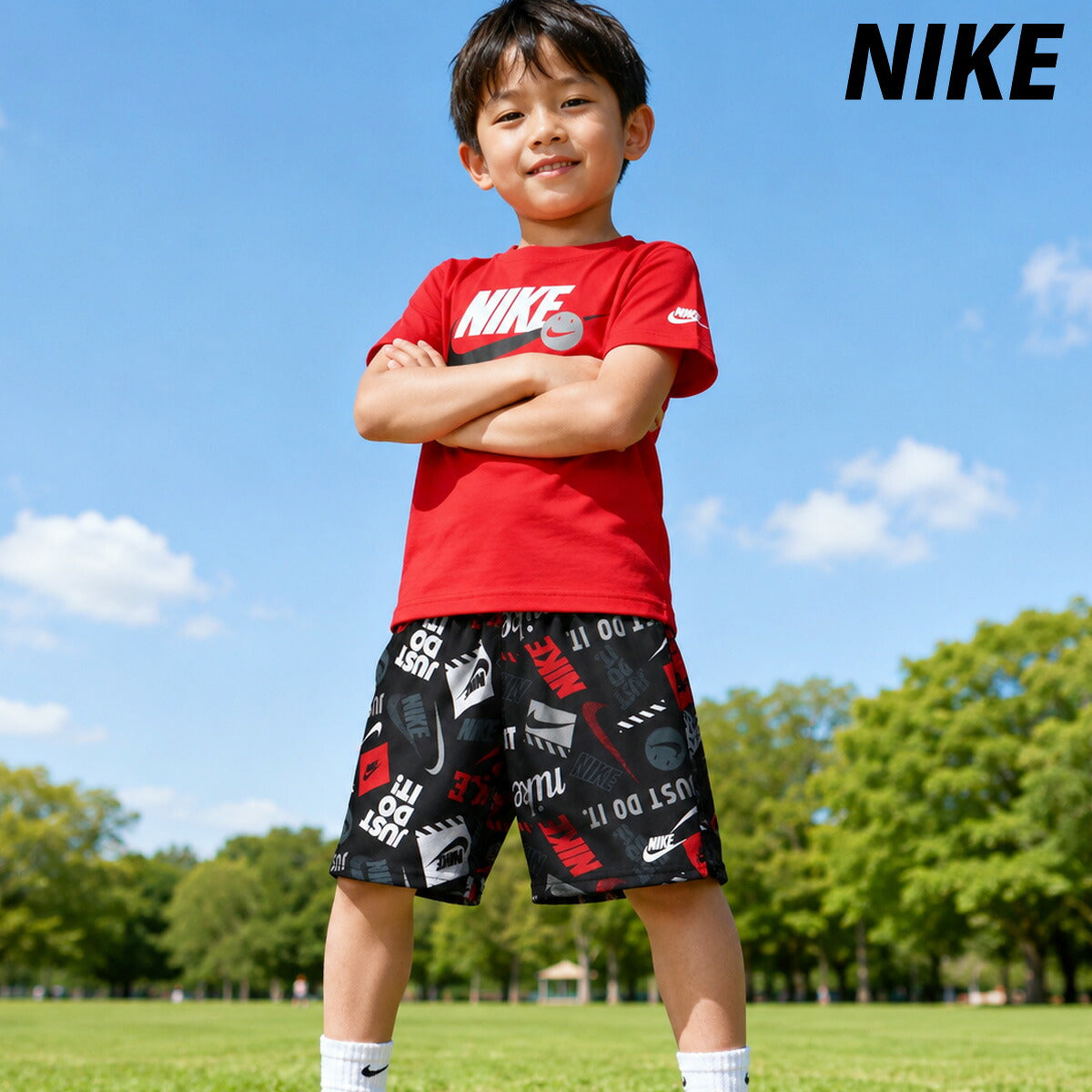 ナイキ NSW Tシャツ ハーフパンツ 上下 セットアップ ジュニア ブランド NIKE 半袖 86N945 023 赤 レッド 新作 上下セット 男 女の子 キッズ 男の子 プラクティスシャツ プラシャツ スポーツウェア