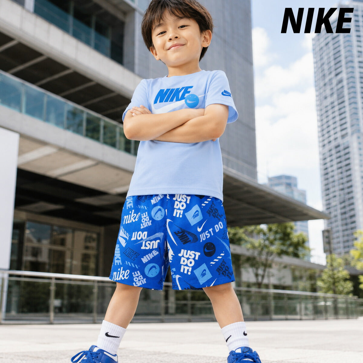 ナイキ NSW Tシャツ ハーフパンツ 上下 セットアップ ジュニア ブランド NIKE 半袖 4才 5才 6才 7才 86N945 U89 青 ブルー 新作 上下セット 男 女の子 キッズ 男の子 プラクティスシャツ プラシャツ