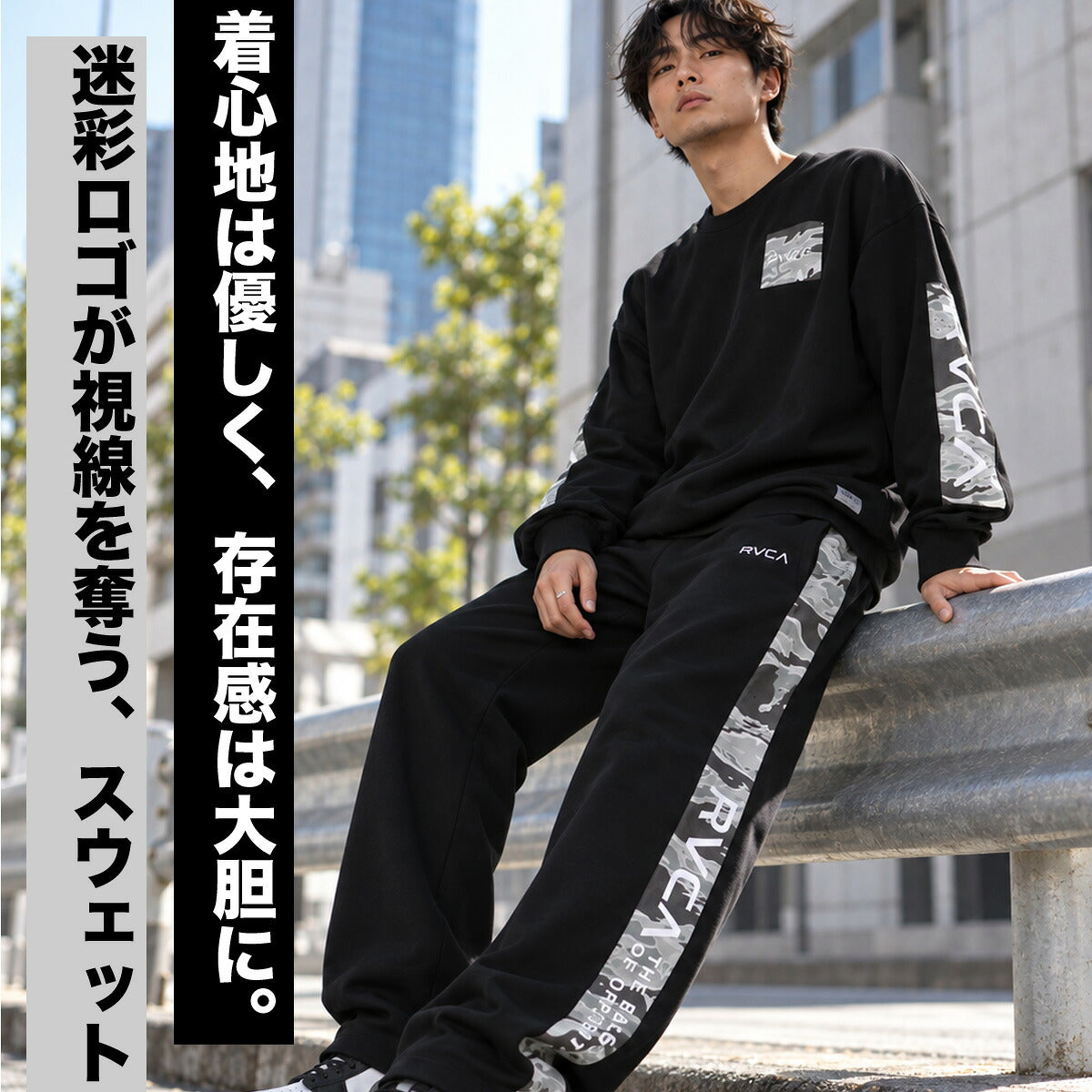 ルーカ BALANCE BOX PATCH スウェット 上下 セットアップ メンズ ブランド RVCA プルオーバー 長袖 バックプリント グラフィック 白 黒 スエット UVカット BG042014 ブラック グレー ホワイト