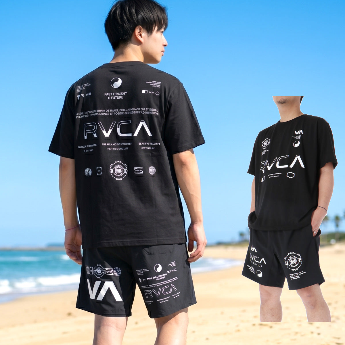 ルーカ Tシャツ ハーフパンツ 上下 セットアップ メンズ ブランド RVCA 半袖 速乾 バックプリント付き 黒 白 BG04A222 ブラック ホワイト 上下セット 大きいサイズ 有 プラクティスシャツ プラシャツ
