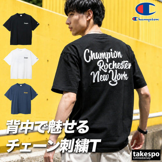 チャンピオン 半袖 Tシャツ メンズ ブランド Champion コットン100 綿100 バックプリント付き 黒 白 C3E302 ブラック ホワイト ネイビー 新作 大きいサイズ 有 スポーツウェア トレーニングウェア スポーツ