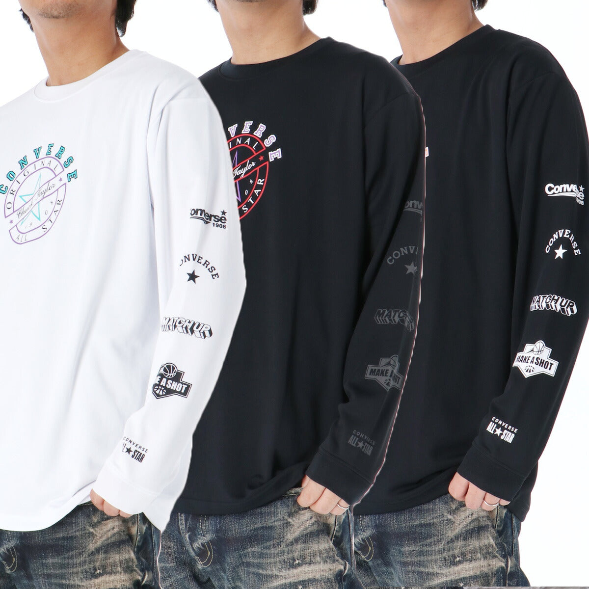 コンバース Tシャツ メンズ プリントロングスリーブシャツ ホワイト ブラック CB242361L