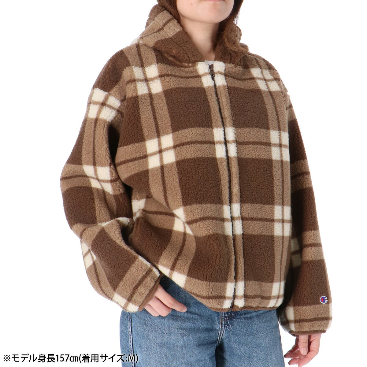 チャンピオン ボアジャケット レディース CHECK ZIP HOODED ホワイト ネイビー ブラウン CWC603