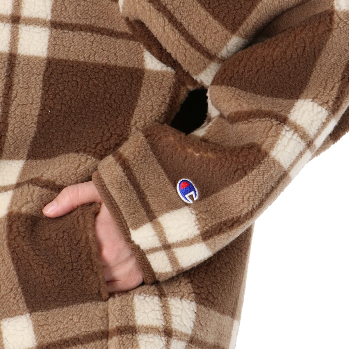 チャンピオン ボアジャケット レディース CHECK ZIP HOODED ホワイト ネイビー ブラウン CWC603