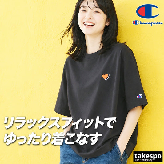 チャンピオン 半袖 Tシャツ レディース ブランド Champion コットン100 綿100 ハート 黒 白 CWE301 ホワイト ブラック 新作 かわいい 大きいサイズ 有 トップス ウォーキング ウェア スポーツウェア