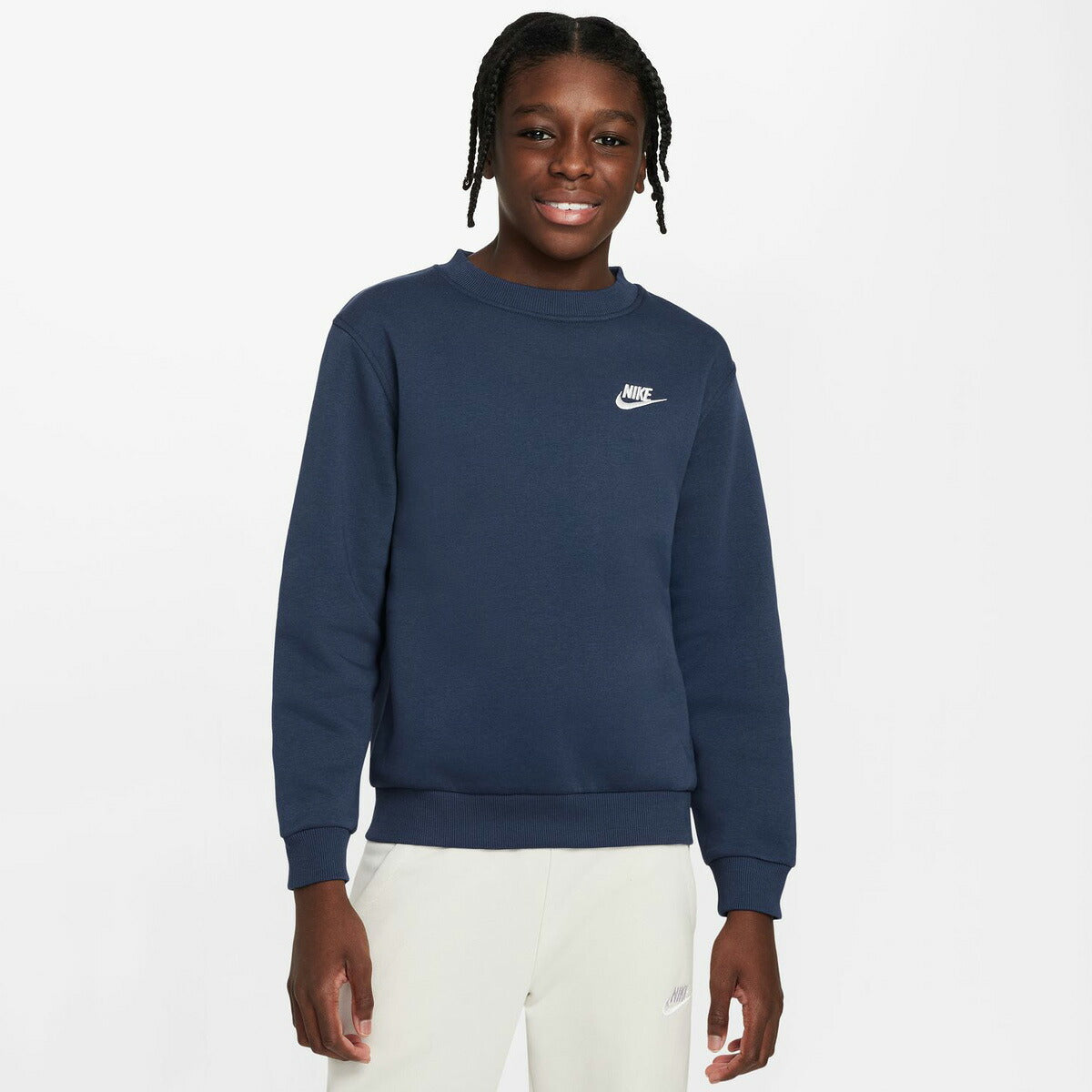ナイキ トレーナー スウェット クラブ フリース スウェットシャツ ジュニア ブランド クルーネック スエット NIKE 裏起毛 綿混 ワンポイント FD3006 410 紺 ネイビー 男 女の子 キッズ