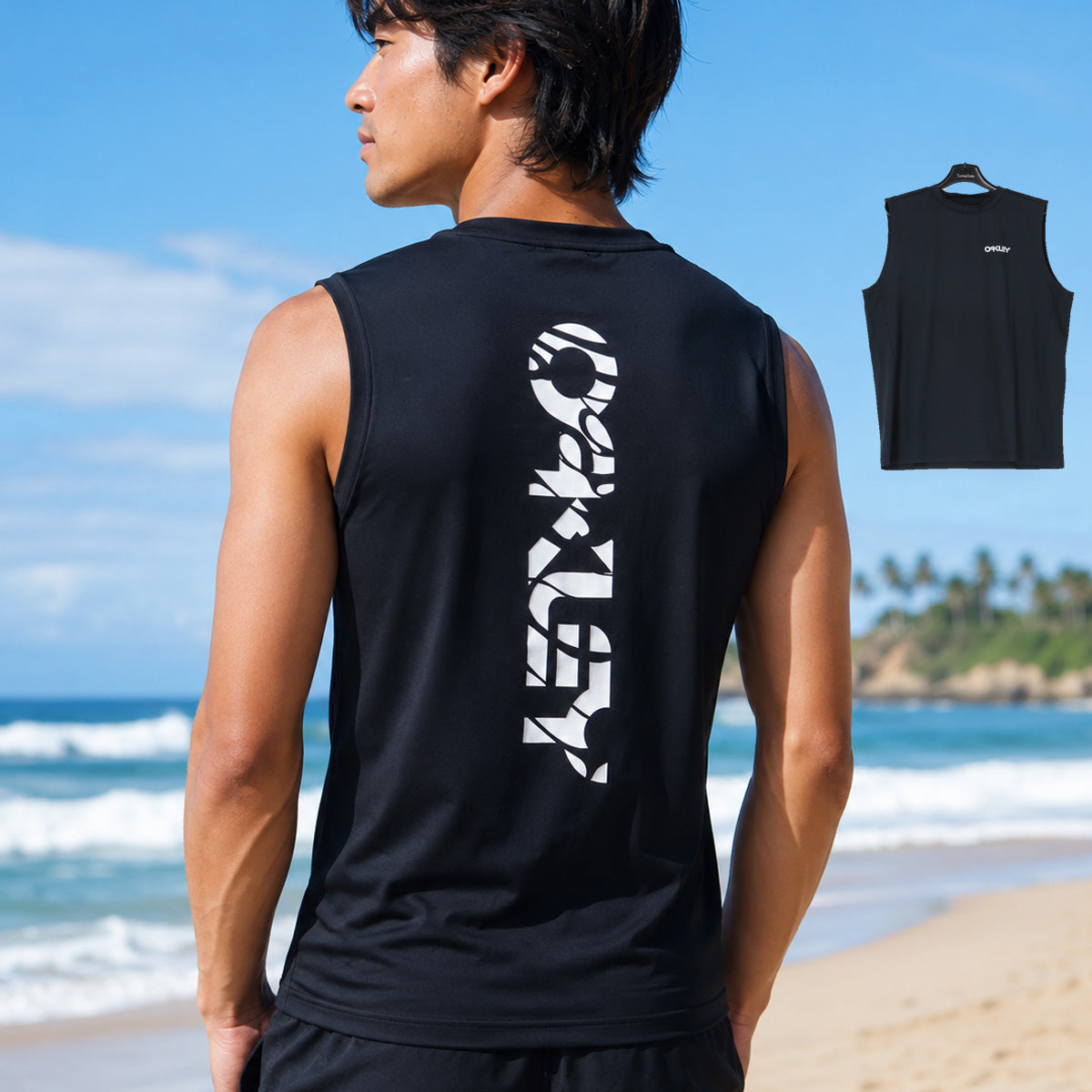 オークリー ラッシュガード メンズ ブランド OAKLEY ノースリーブ タンクトップ 水陸両用 黒 白 バックプリント付き FOA409102 ブラック ホワイト 新作 大きいサイズ 有 スポーツウェア
