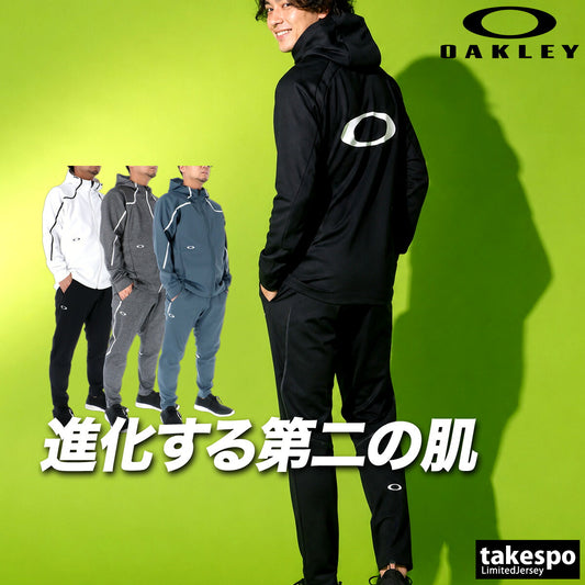 オークリー ジャージ上下 ジャージ 上下 セットアップ メンズ ブランド OAKLEY バックプリント フード付き フーディ 吸汗 速乾 ドライ UVカット ストレッチ 白 黒 FOA409475 ブラック ホワイト ブルー グレー