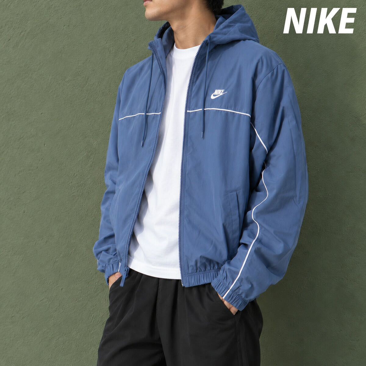 ナイキ クラブ ウインドジャケット メンズ ブランド NIKE フード付き フーディ バックプリント付き 裏メッシュ 裏地付き フルジップ HJ2013 491 紺 ネイビー 新作 ウーブン woven 大きいサイズ 有 スポーツウェア