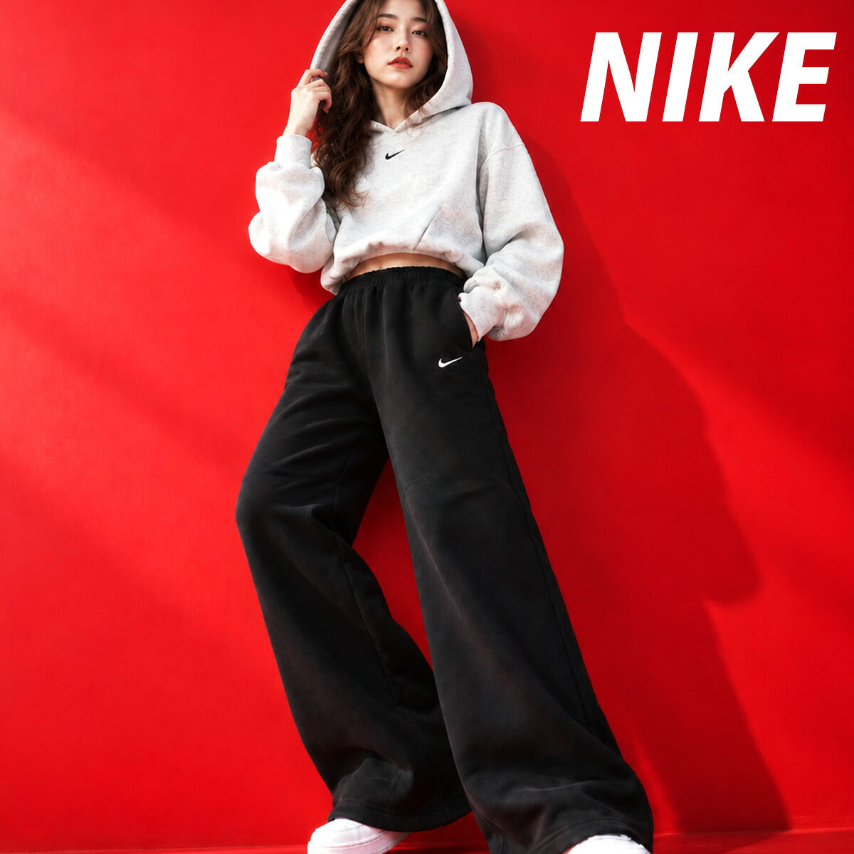 ナイキ スタジオ フリース ミディアムウェイト スウェット 上下 セットアップ レディース ブランド NIKE フード付き フーディ 裏起毛 プルオーバー クロップド丈 ワイドパンツ スエット 綿混 IM8097 051 白