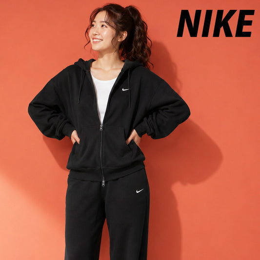 ナイキ スタジオフリース スウェット 上下 セットアップ レディース ブランド NIKE ゆったり フード付き Wファスナー スエット 裏毛 IM8109 001 黒 ブラック 新作 上下セット ウィメンズ かわいい 大きいサイズ 