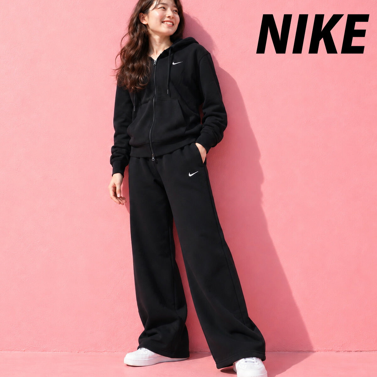 ナイキ ウィメンズ STDO スウェット 上下 セットアップ レディース ブランド NIKE フード付き フーディ パーカー フルジップ ワンポイント スエット 綿混 IM8115 001 黒 ブラック 新作 上下セット
