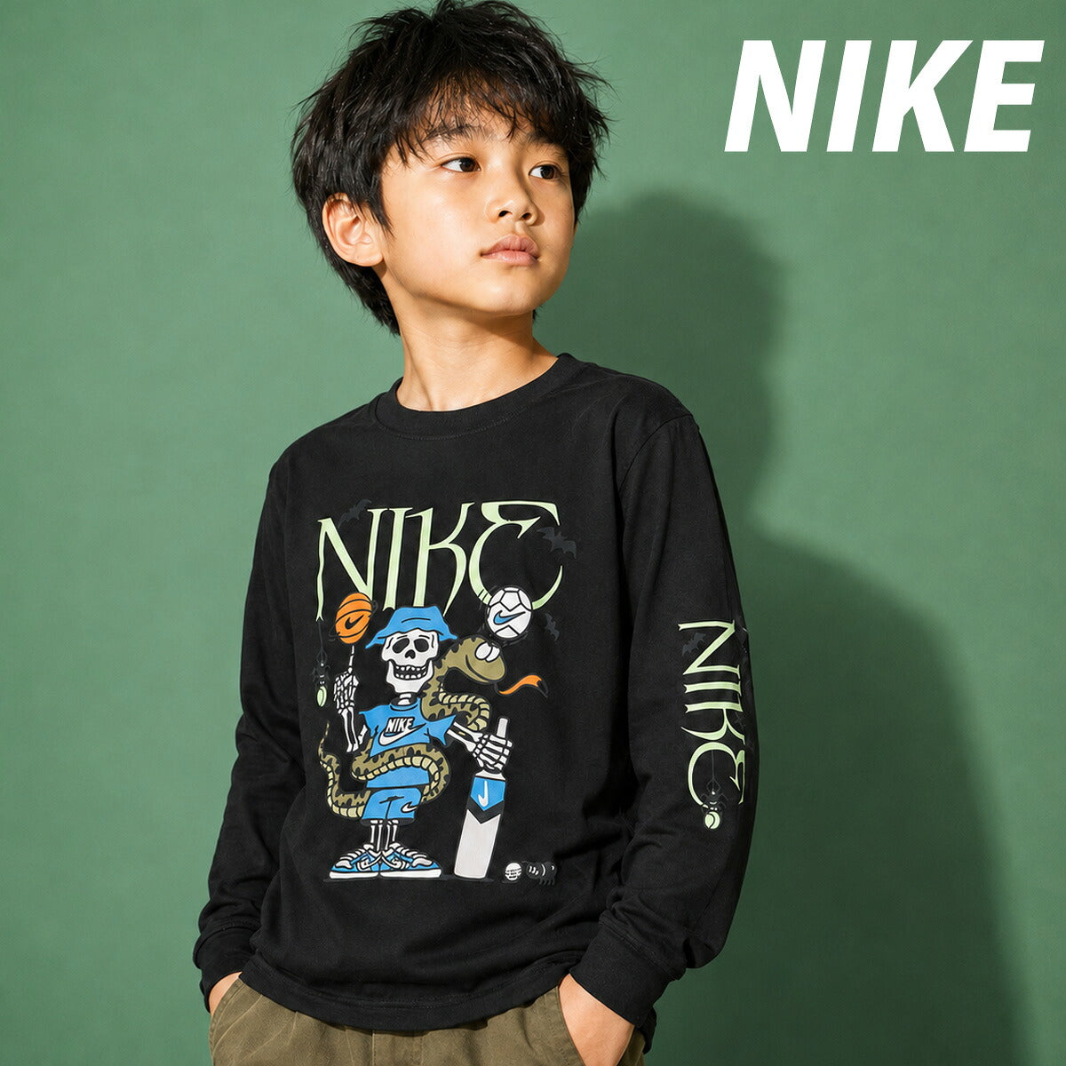 ロンT 長袖Tシャツ キッズ ナイキ スポーツ ブランド Tシャツ ロンティー ロングTシャツ ジュニア 長袖 NIKE コットン100％ 綿100％ IO2196 黒 ブラック 男 女の子 男の子 スポーツウェア