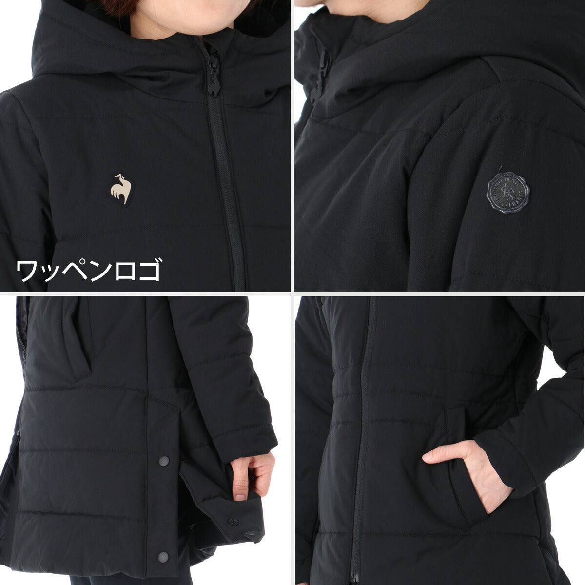 ルコック 中綿コート ロング ベンチコート レディース ブランド le coq sportif フード付き フーディ 中綿入り ワンポイント 軽量 黒 はっ水 撥水 保温 防風 光吸収発熱 LT6FWB81L ブラック ベージュ かわいい