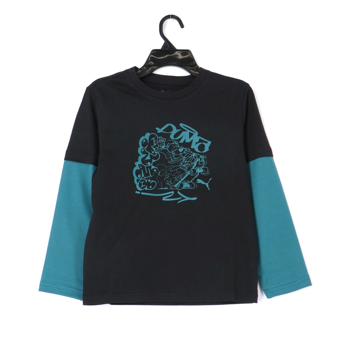 ロンT 長袖Tシャツ キッズ プーマ スポーツ ブランド Tシャツ ロンティー ロングTシャツ ジュニア 長袖 PUMA MID90S グラフィック 黒 コットン100 綿100 重ね着風 レイヤード風 694594 男 女の子 - 【公式】限定ジャージのタケスポ（Limited jersey takespo）