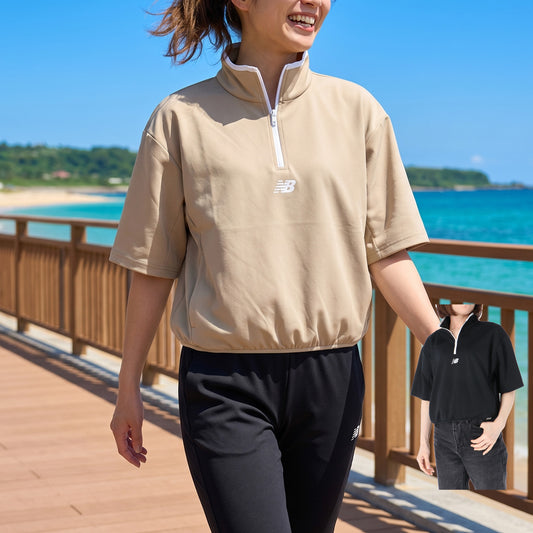 ニューバランス ジャージジャケット レディース ブランド newbalance 半袖 ハーフジップ ワンポイント 黒 スタンドカラー WT61J445 ブラック ベージュ かわいい 大きいサイズ 有 トップス ウォーキング ウェア