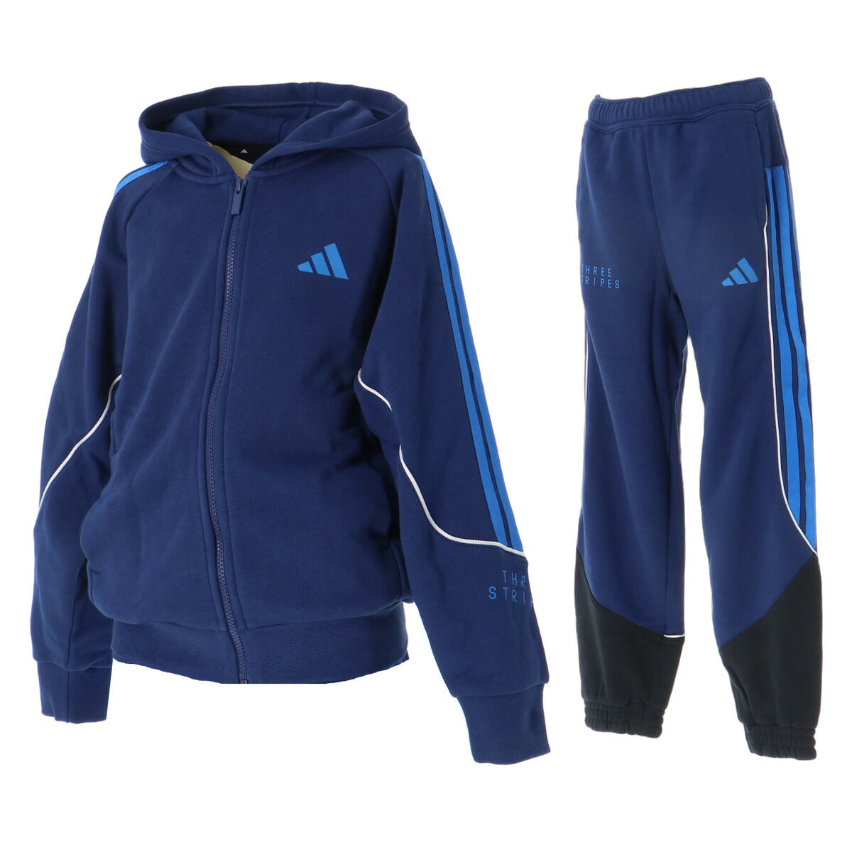 アディダス スウェット 上下 セットアップ ジュニア ブランド adidas フード付き フーディ フルジップ 3ストライプス スリーストライプス サイドライン 裏毛 バックプリント YY709 ネイビー 新作 上下セット 男